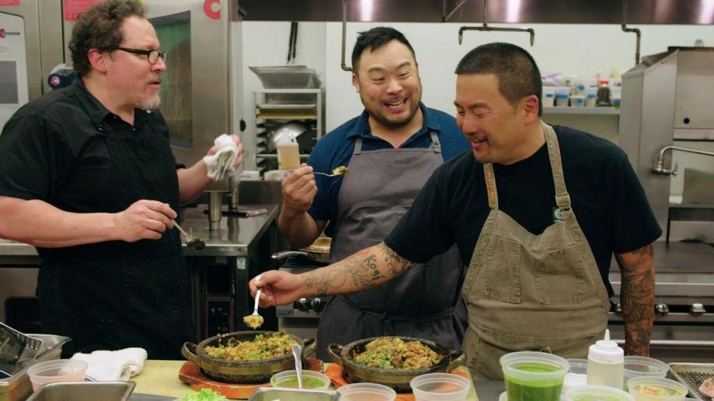 Roy Choi, cooking in The Chef Show with Jon Favreau and David Chang.