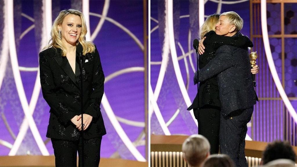 Kate McKinnon, hugging Ellen DeGeneres after presenting her the Carol Burnett Award.